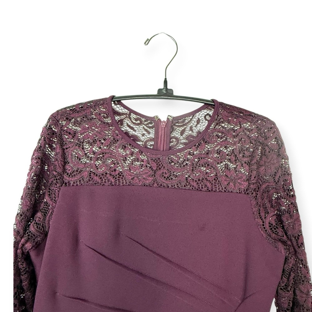 Deep Plum Sunburst Ruched Bodycon Dress Dark Vampy Romance Lace Sleeves Sz 2 - Picture 12 of 15